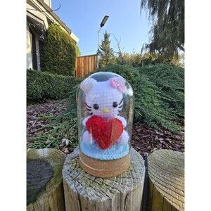 Handmade Crochet Hello Kitty Amigurumi in Glass Cloche Dome - 13cm x 8cm